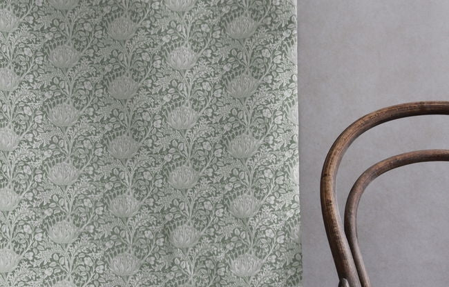 Katarina Meadow - White linen fabric with Green floral print
