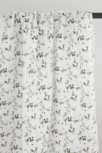 Flora Moss-WHT - White linen fabric with Green botanical print