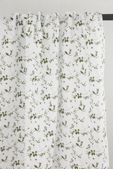 Flora Moss-WHT - White linen fabric with Green botanical print
