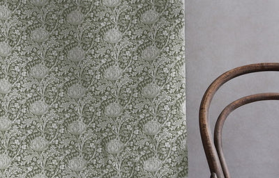 Katarina Moss - White linen fabric with Green floral print
