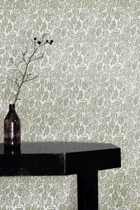 Lisbell Moss-WHT - White linen fabric with Green botanical print