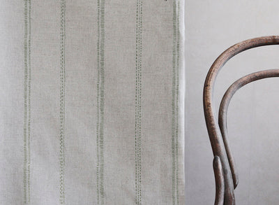 Rae Moss - Curtain fabric with green hand drawn stripes