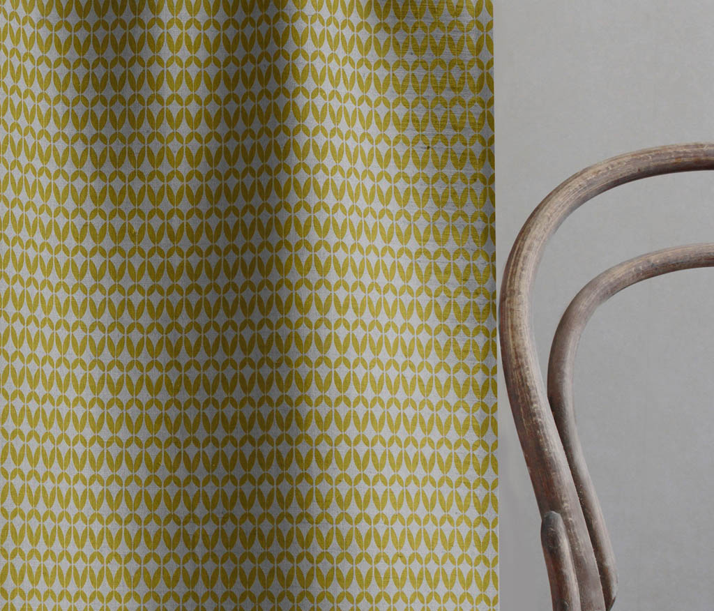 Siruna Mustard - Natural curtain fabric, Yellow contemporary print