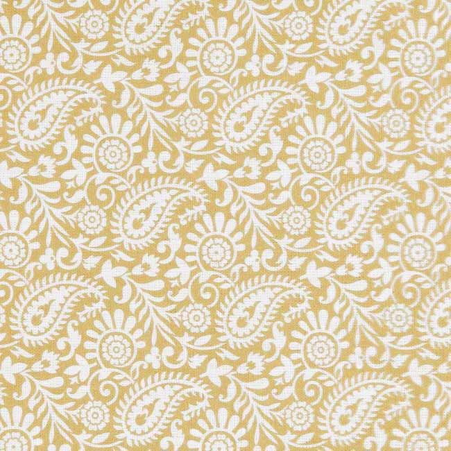 Nora Dijon-WHT - White fabric for curtains with yellow paisley print, 100% linen