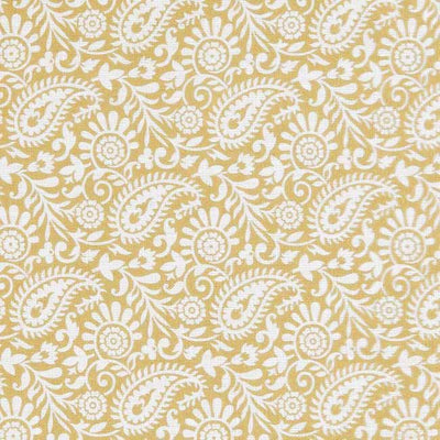 Nora Dijon-WHT - White fabric for curtains with yellow paisley print, 100% linen
