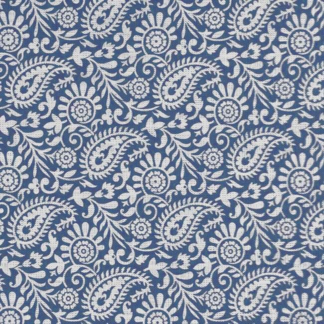 Nora Ink-WHT - White fabric for curtains with dark blue paisley print