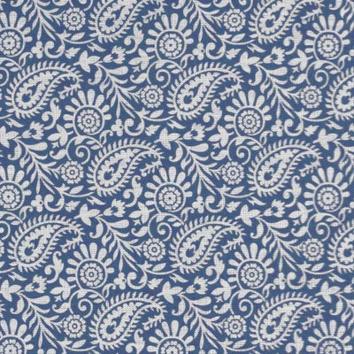 Nora Ink-WHT - White fabric for curtains with dark blue paisley print