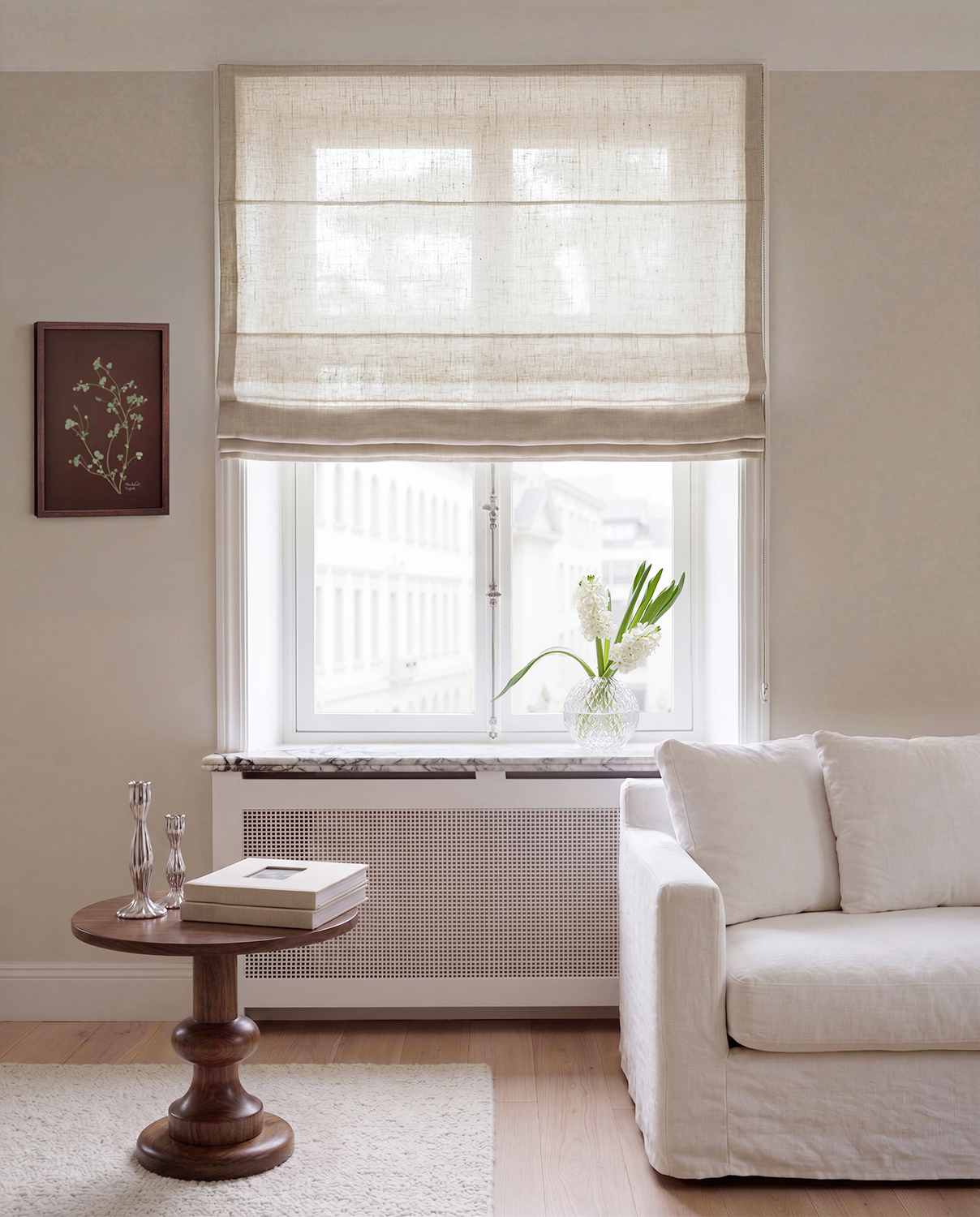 Oatmeal Linen Roman blind. Made of 280 cm wide soft 100% Linen fabric Vanja Oatmeal by Ada & Ina