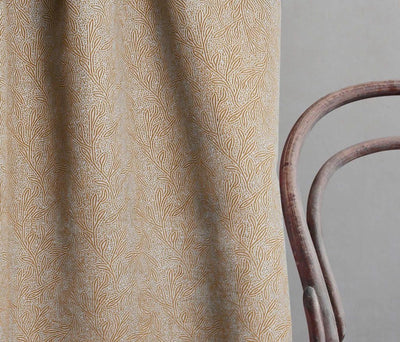 Alma Gold Ochra Linen Fabric- Curtain fabric with Yellow Orange botanical print. Create Unique Linen Curtains.