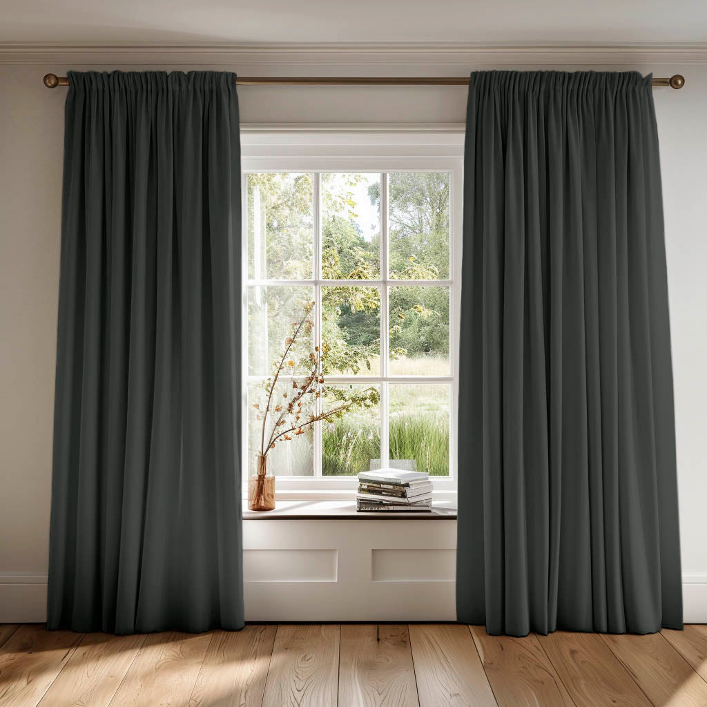 Dark grey pencil pleat curtains made of 100% cotton fabric Amara Onyx