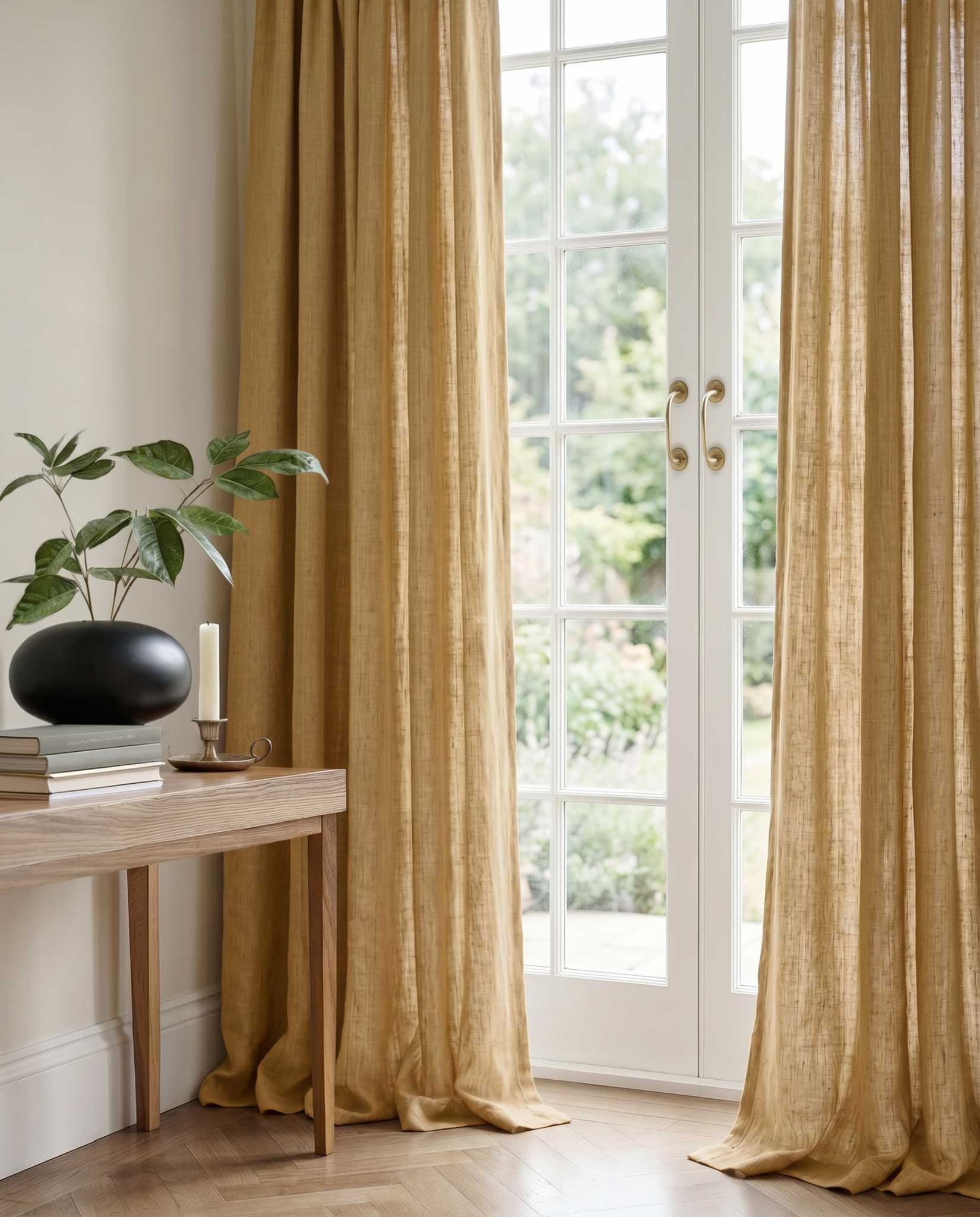 Orange 100% Linen Curtains with puddling