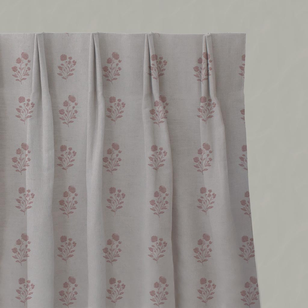 Pink Floral Linen Pleated Curtain - Cherie Dusty Pink - Natural base fabric.