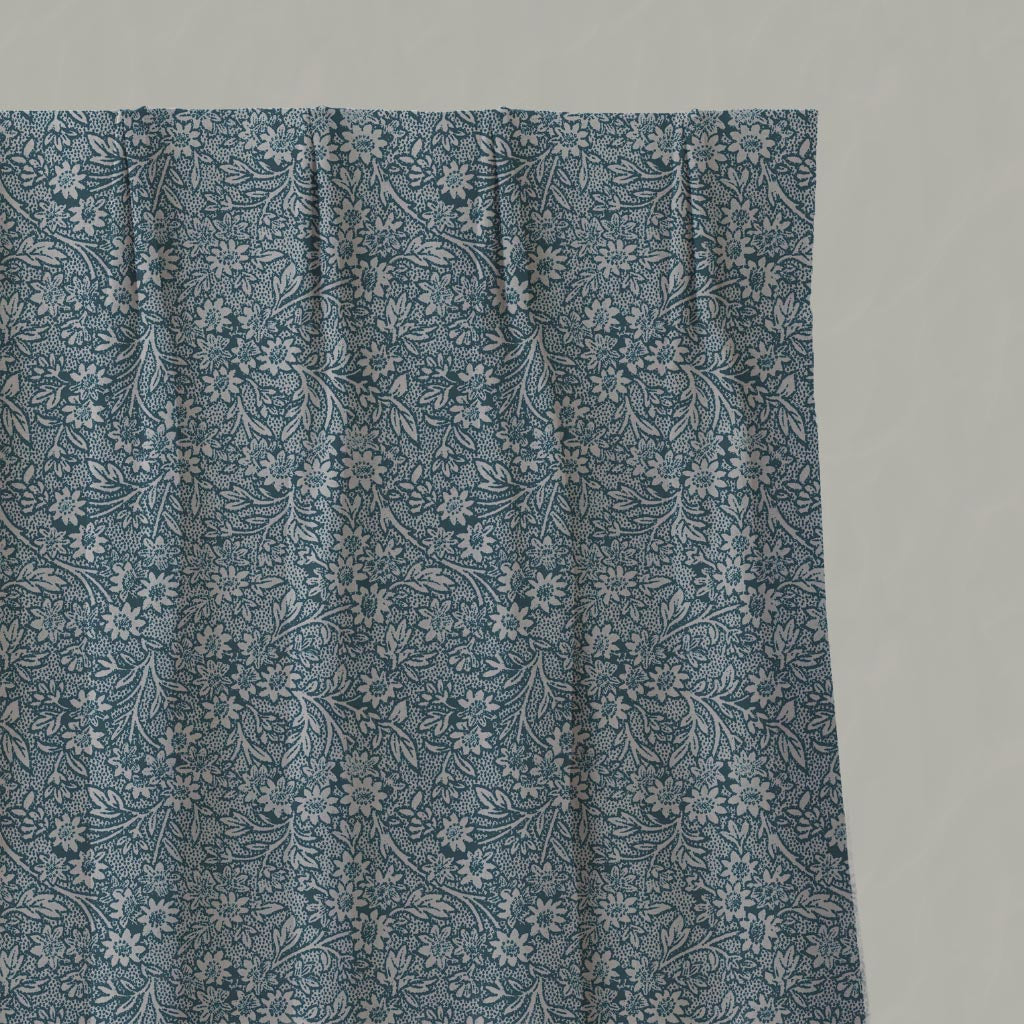 Blue Floral Linen Pleated Curtain - Cheye Blue Stone - Natural base fabric.
