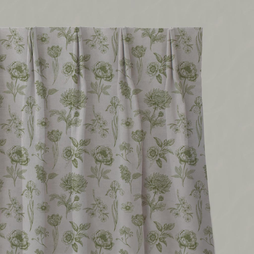 Green Floral Linen Pleated Curtain - Cirian Khaki - Natural base fabric.