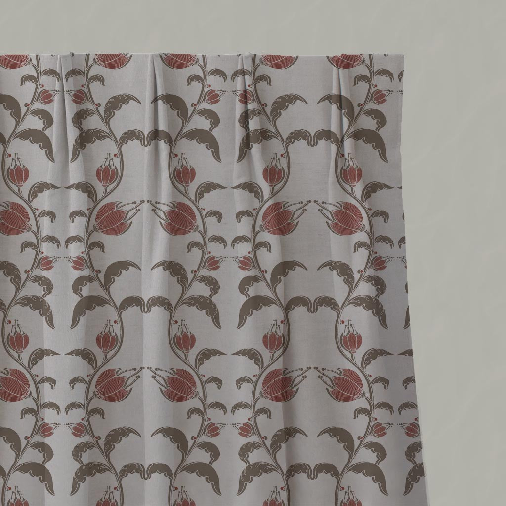 Red and Brown Patterned Linen Pleated Curtain - Dana Red Pebble  - Natural base fabric.