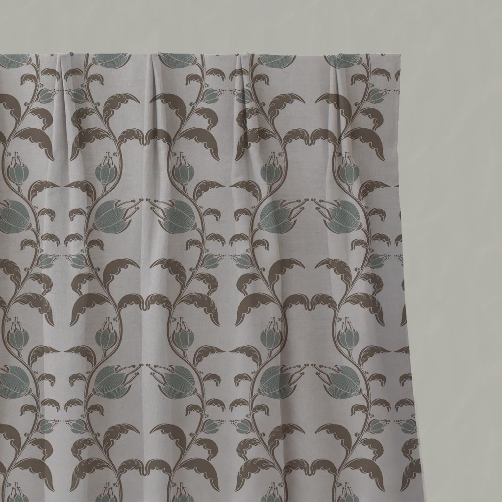 Green and Brown Patterned Linen Gathered Curtain - Dana Sage Pebble  - Natural base fabric.