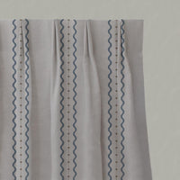 Blue and Brown Patterned Linen Gathered Curtain - Daphne Denim - Natural base fabric.
