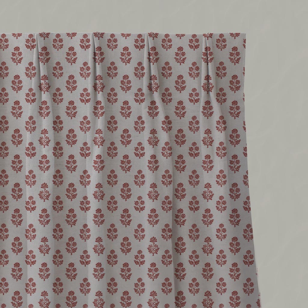 Red Floral Linen Pleated Curtain - Doris Crimson Red - Natural base fabric.