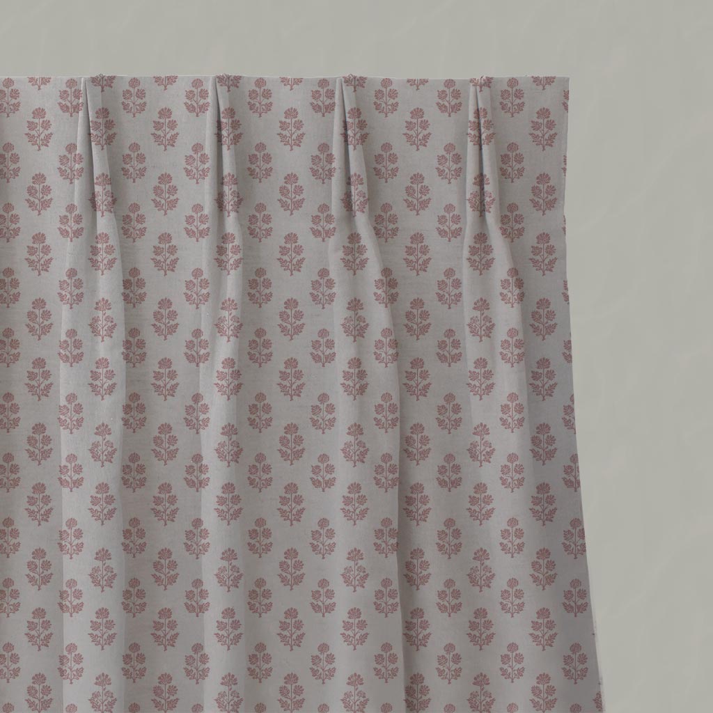 Pink Floral Linen Pleated Curtain - Doris Dusty Pink - Natural base fabric.