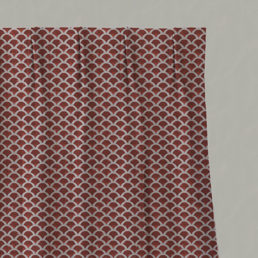 Red Patterned Linen Pleated Curtain - Erle Crimson Red - Natural base fabric.