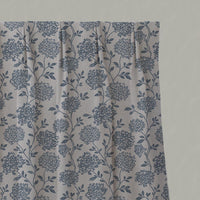 Blue Floral Linen Pleated Curtain - Hulsey Denim - Natural base fabric.