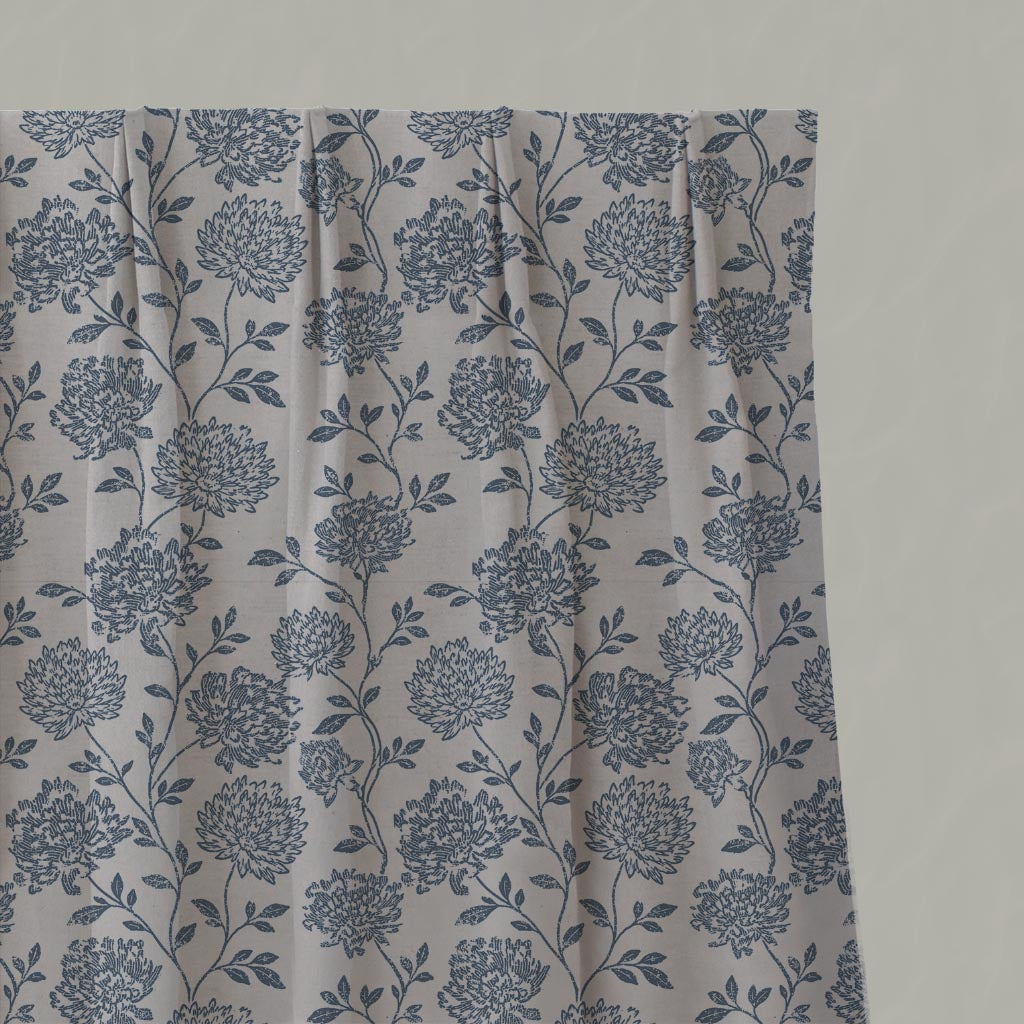 Blue Floral Linen Pleated Curtain - Hulsey Denim - Natural base fabric.
