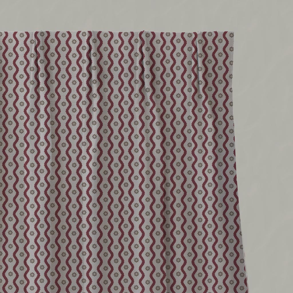 Red Abstract Linen Pleated Curtain - Kirabe Wine - Natural base fabric.