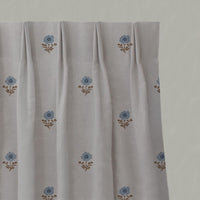 Blue Floral Linen Pleated Curtain - Ksandra Blue - Natural base fabric.