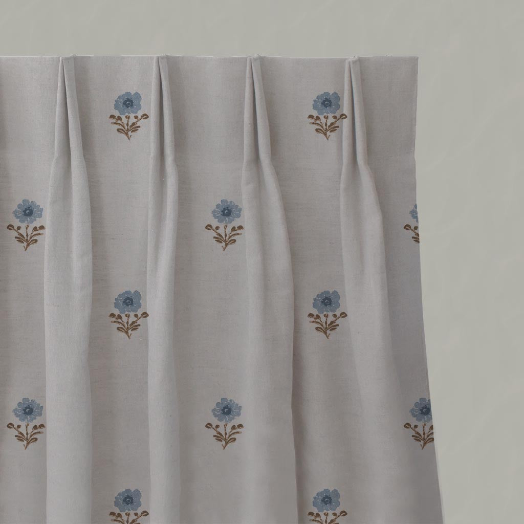 Blue Floral Linen Pleated Curtain - Ksandra Blue - Natural base fabric.