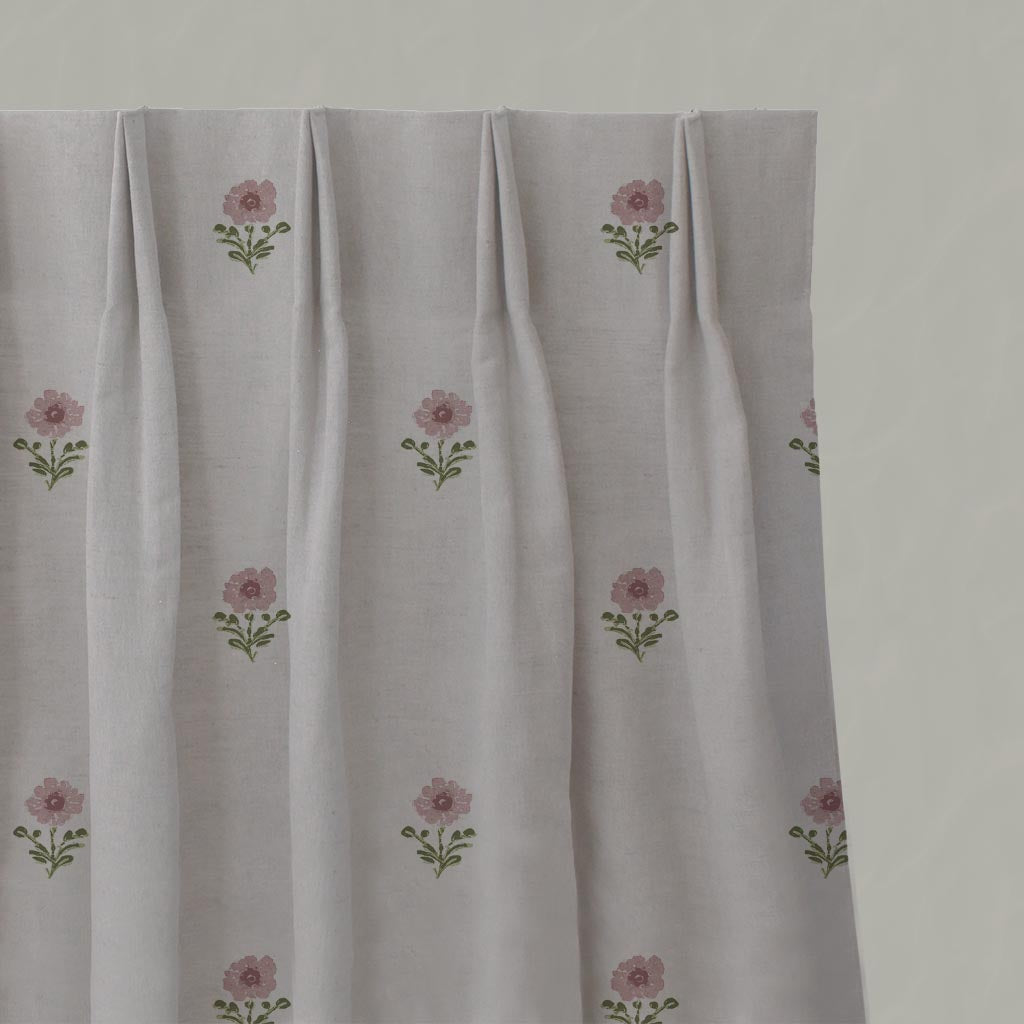Pink Floral Linen Pleated Curtain - Ksandra Pink - Natural base fabric.