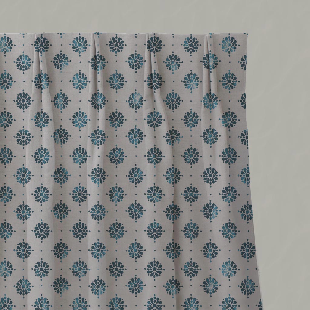 Blue Abstract Floral Linen Pleated Curtain - Lany Blue Stone - Natural base fabric.