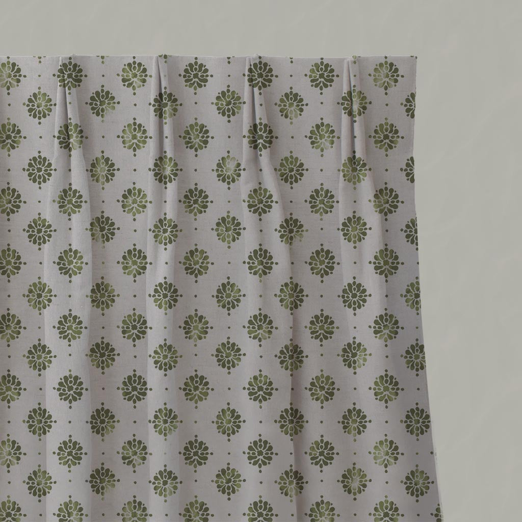 Green Abstract Floral Linen Pleated Curtain - Lany Khaki - Natural base fabric.