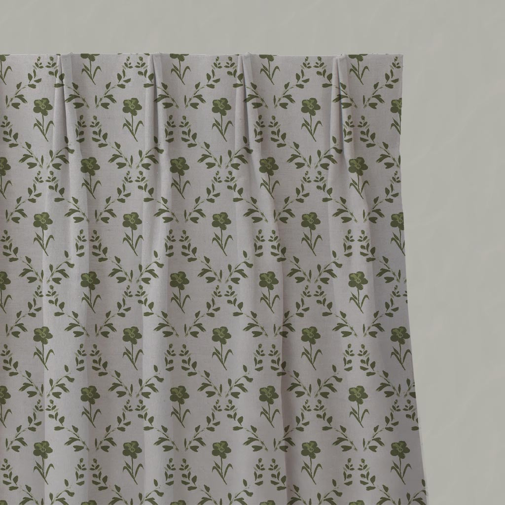 Green Botanical Linen Pleated Curtain - Lulani Khaki - Natural base fabric.