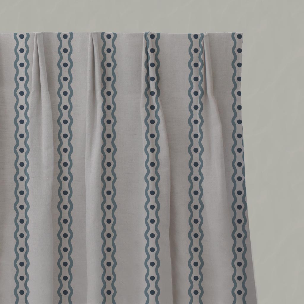 Blue Abstract Striped Linen Pleated Curtain - Margarie Blue - Natural base fabric.