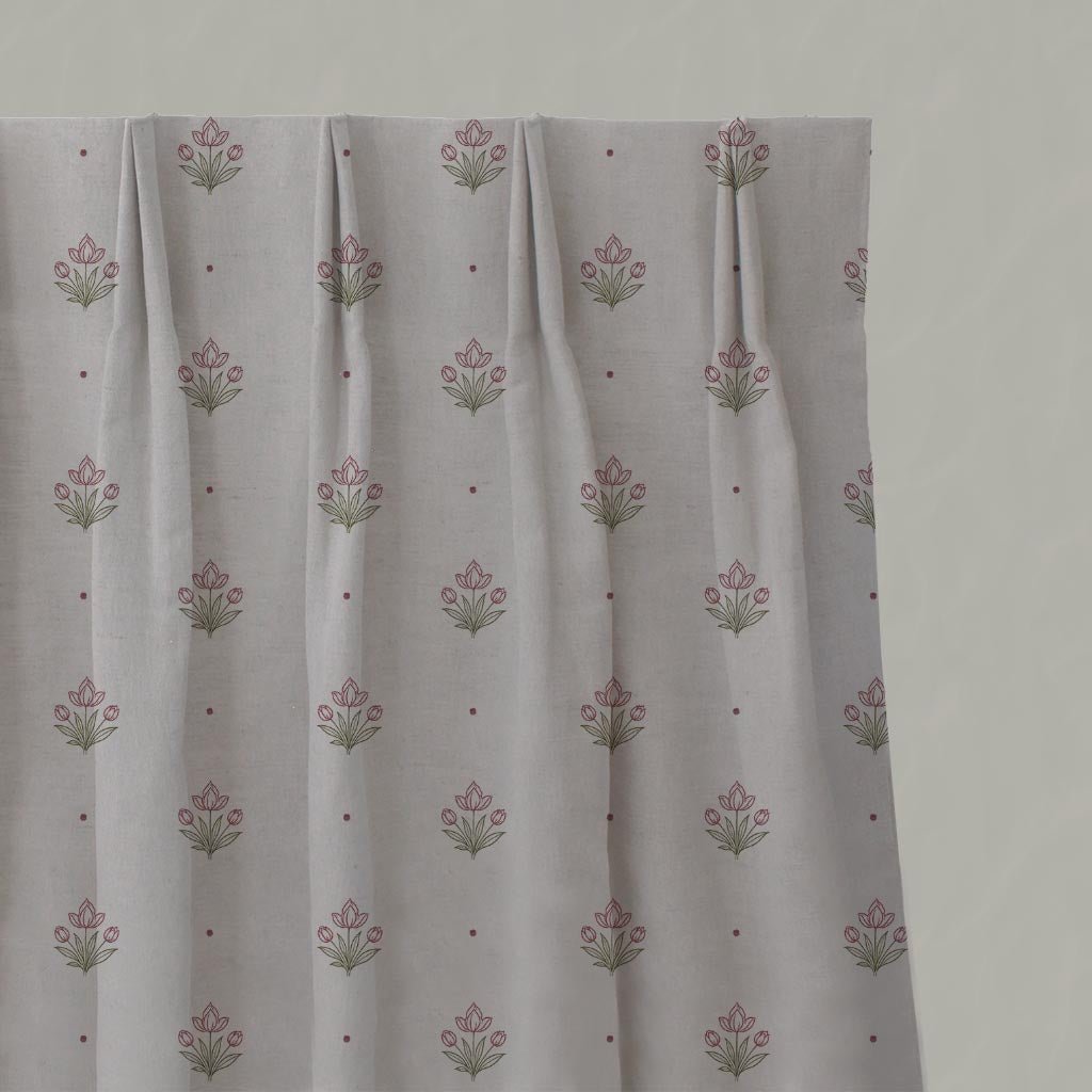 Red Floral Linen Pleated Curtain - Maryam Wine - Natural base fabric.