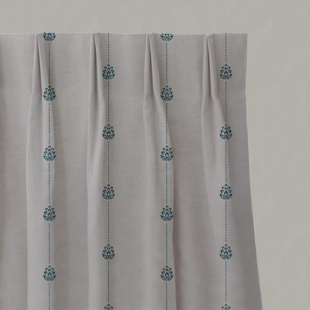 Blue Patterned Stripe Linen Pleated Curtain - Maybel Blue Stone - Natural base fabric.