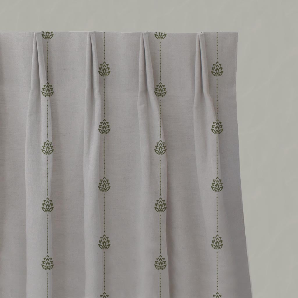 Green Patterned Stripe Linen Pleated Curtain - Maybel Khaki - Natural base fabric.
