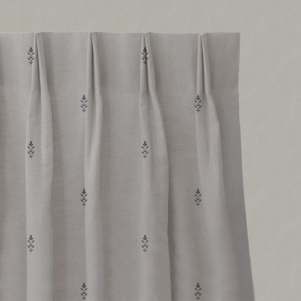 Grey Floral Linen Pleated Curtains - Asli Ash - Natural base fabric.