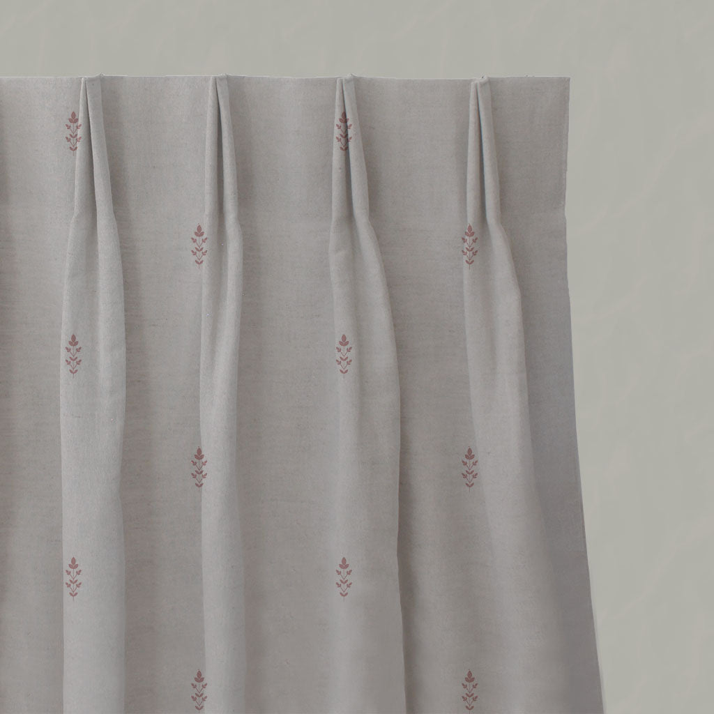 Pink Floral Linen Pleated Curtains - Asli Dusty Pink - Natural base fabric.