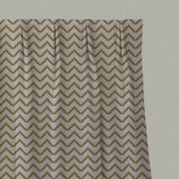 Yellow Patterned Linen Pleated Curtains - Azig Gold Rod - Natural base fabric.