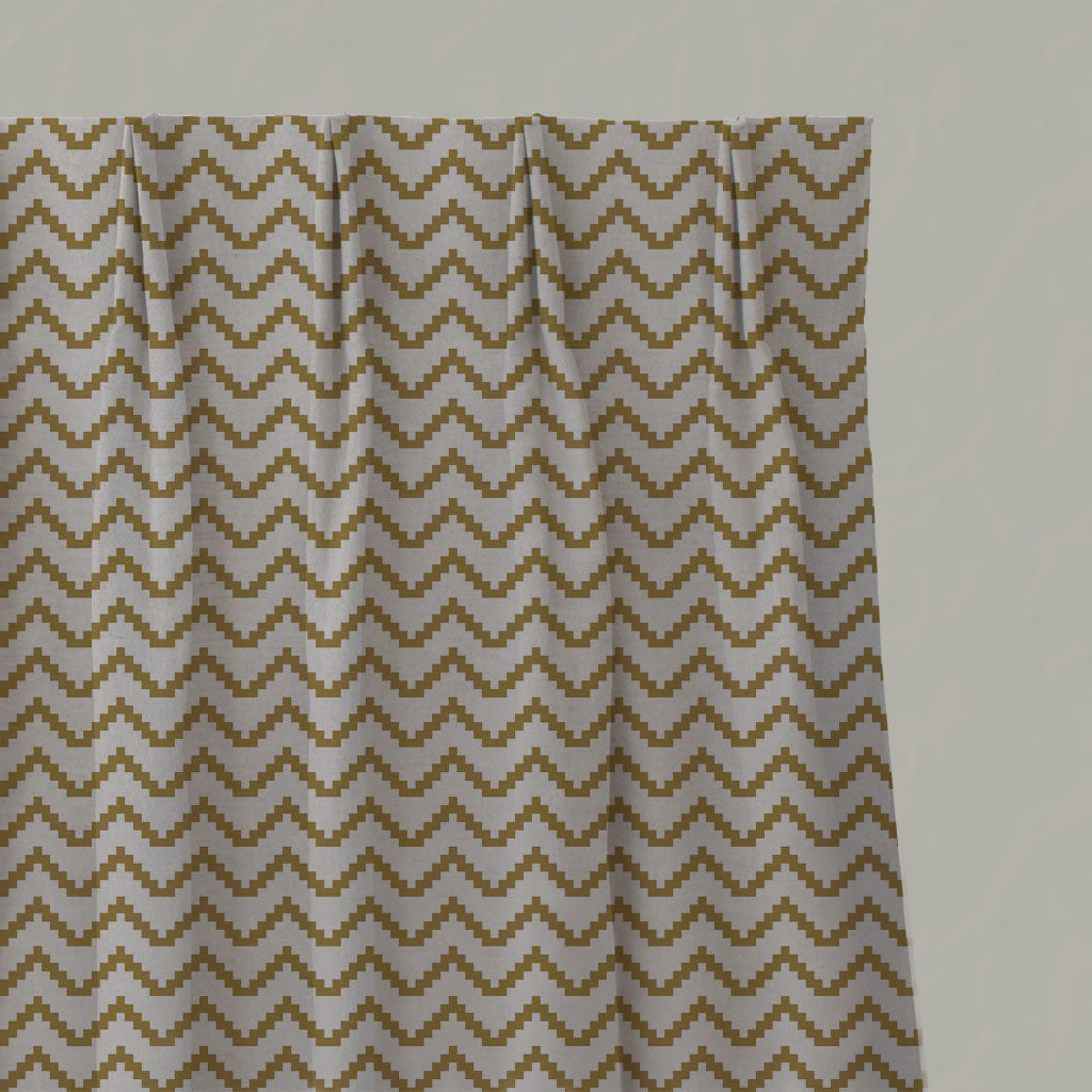 Yellow Patterned Linen Pleated Curtains - Azig Gold Rod - Natural base fabric.