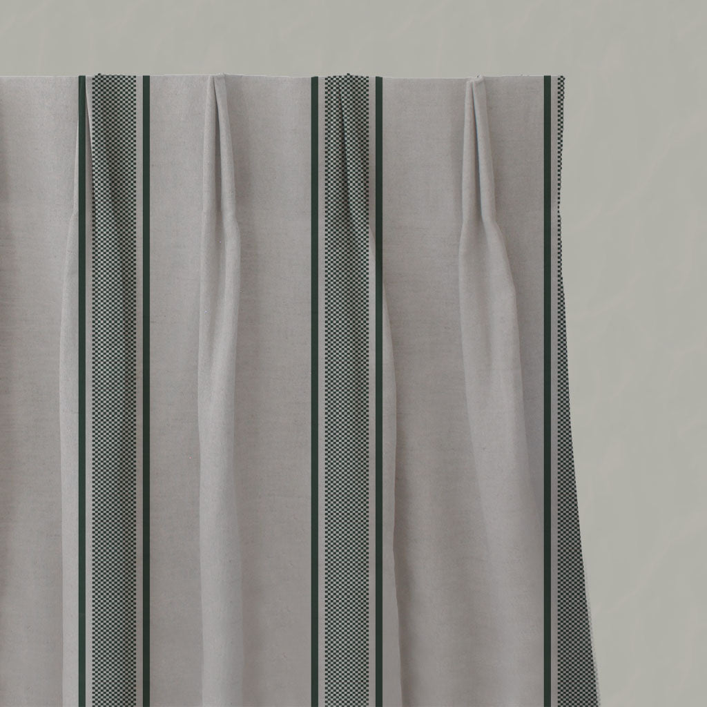 Green Striped Linen Pleated Curtains - Bella Dark Pine - Natural base fabric.