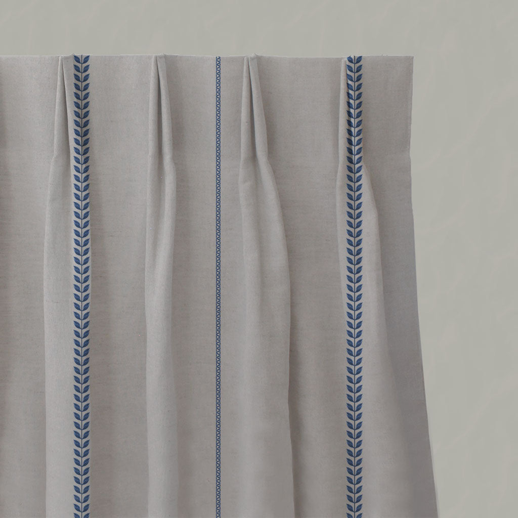 Blue Striped Linen Pleated Curtains - Berit-NAT Night Blue - Natural base fabric.