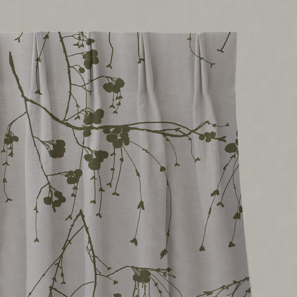 Green Botanical Linen Pleated Curtains - Berry Sea Weed - Natural base fabric.