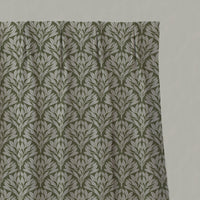 Green Botanical Linen Pleated Curtains - Birna Khaki - Natural base fabric.