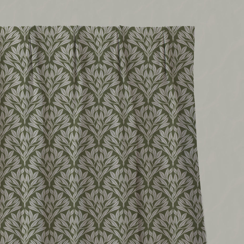 Green Botanical Linen Pleated Curtains - Birna Khaki - Natural base fabric.