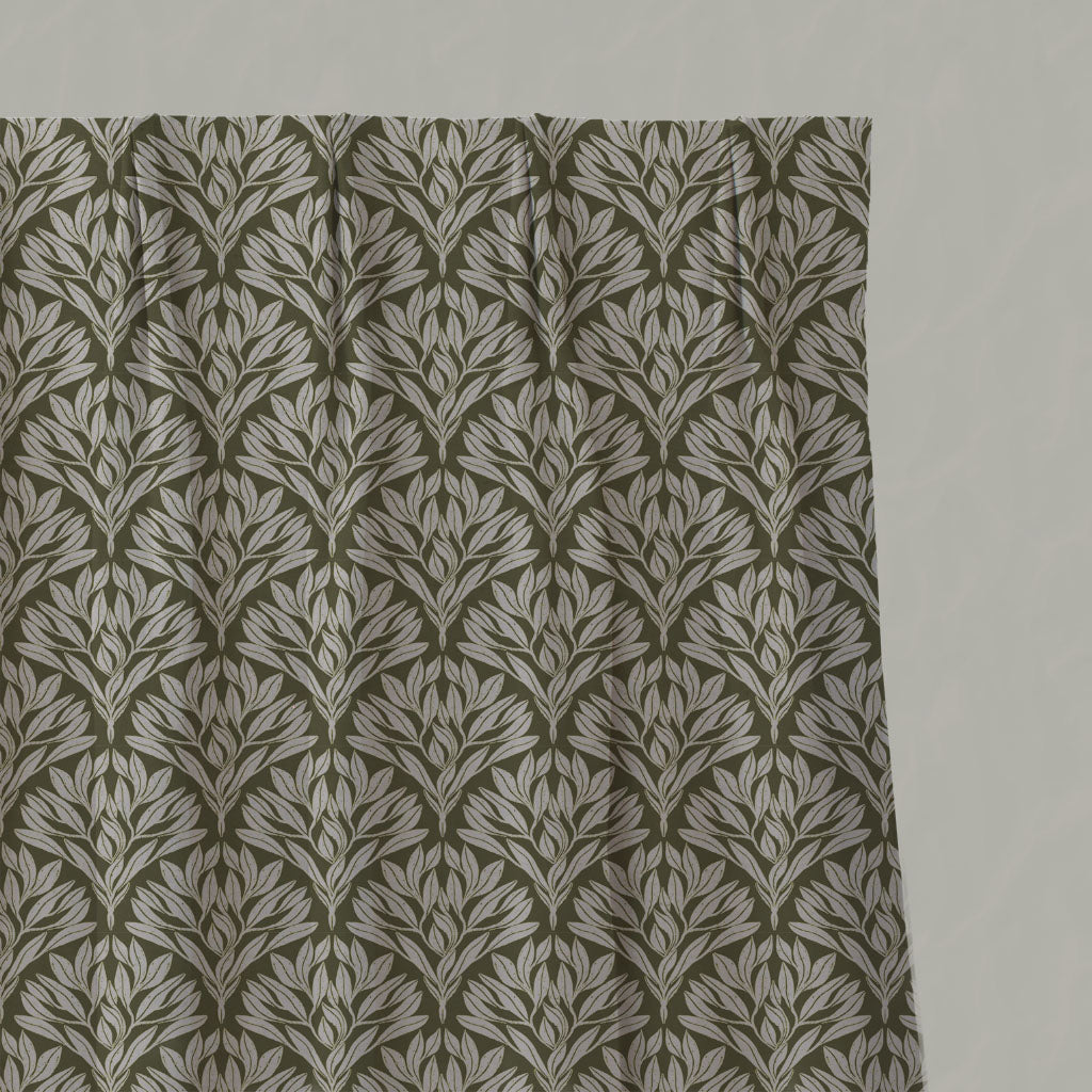 Green Botanical Linen Pleated Curtains - Birna Seaweed - Natural base fabric.