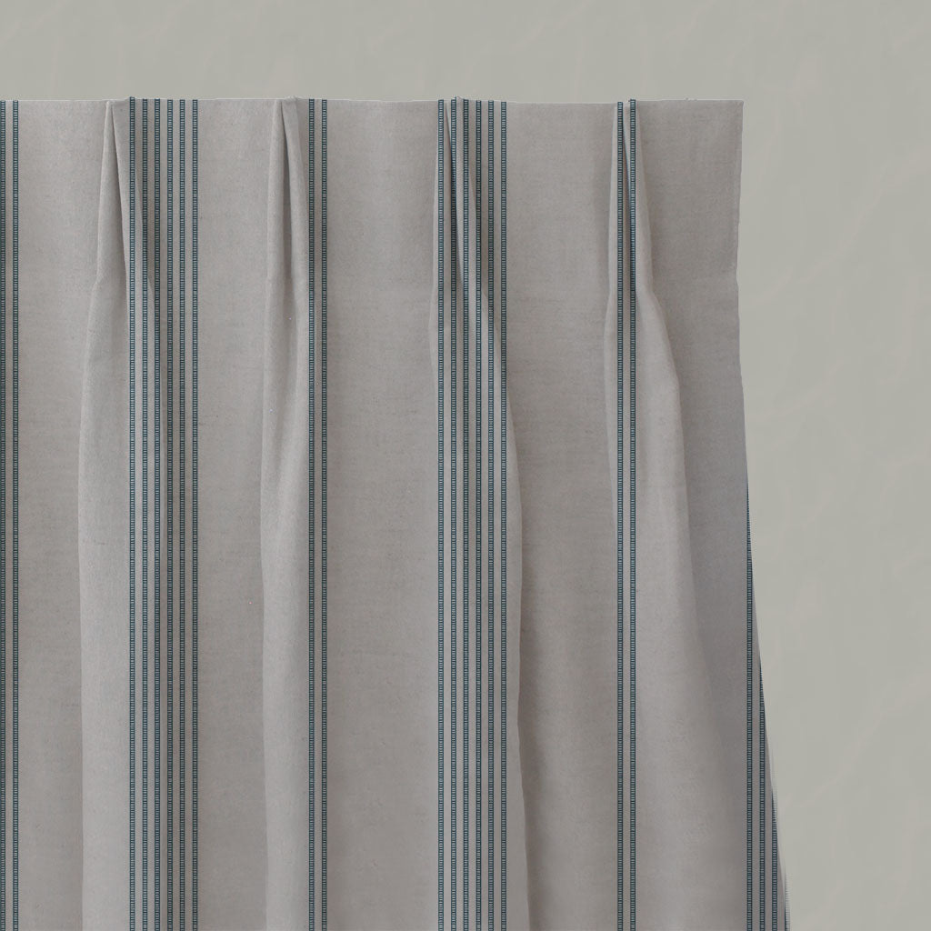 Blue Striped Linen Pleated Curtains - Brea Blue Stone - Natural base fabric.
