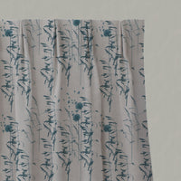 Blue Botanical Linen Pleated Curtains - Breeze Blue Stone - Natural base fabric.