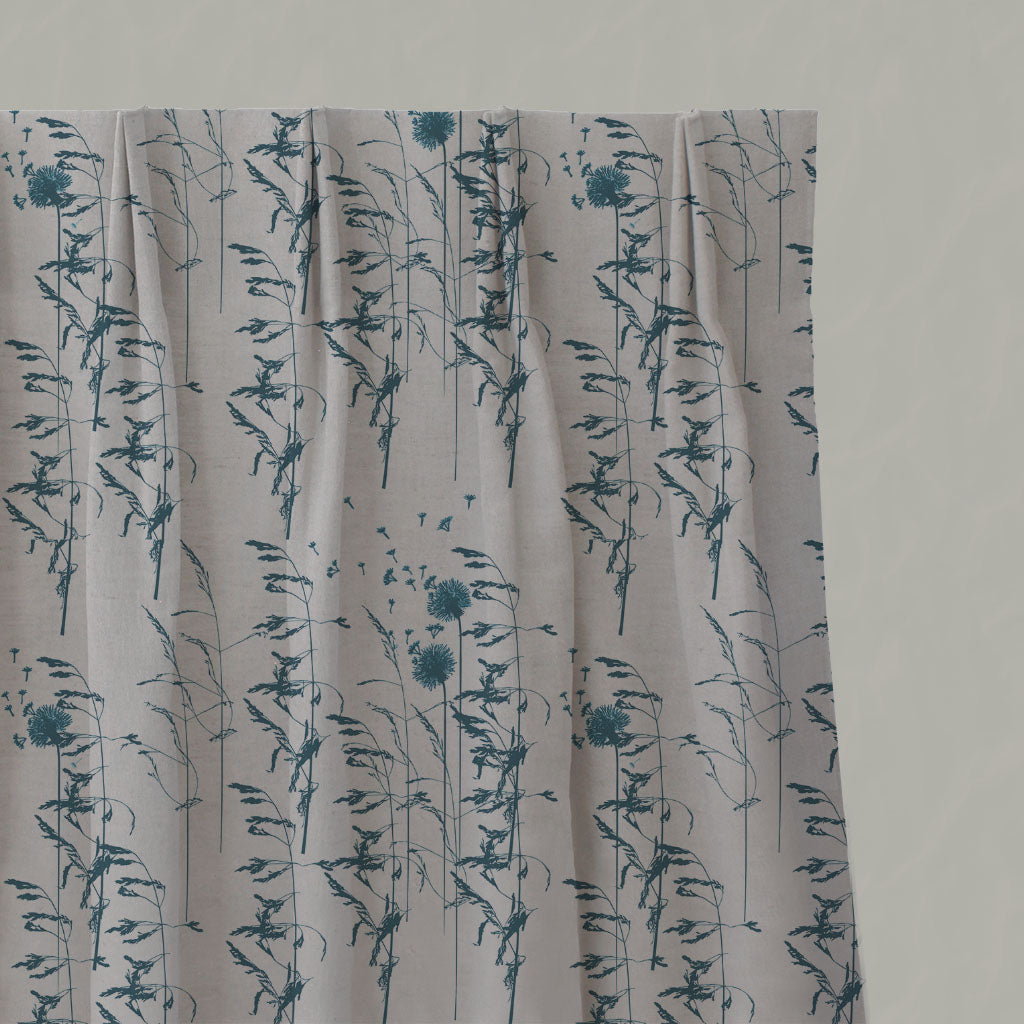 Blue Botanical Linen Pleated Curtains - Breeze Blue Stone - Natural base fabric.